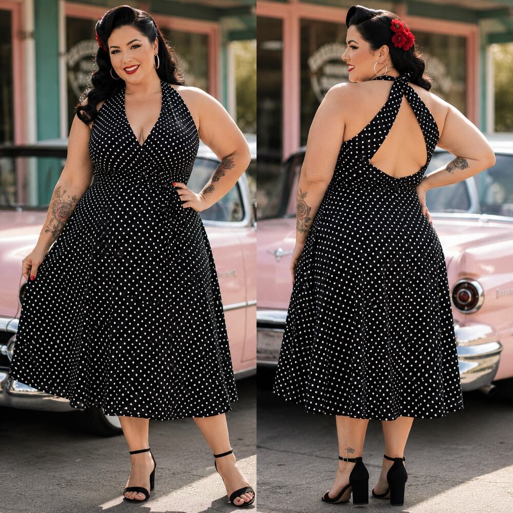 Melanie Lyne Polka Dot Halter Dress Sz 16 Pinup Black Open Back Rockabilly Retro
